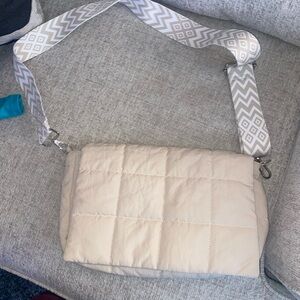 Quilted Crossbody Bag in Light Beige with Patterned Strap